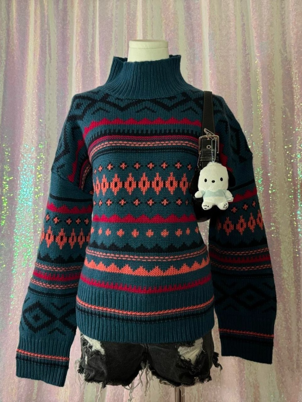 Sundance Teal & Pink Aztec Pattern Knit Wool Turtleneck Sweater ★彡